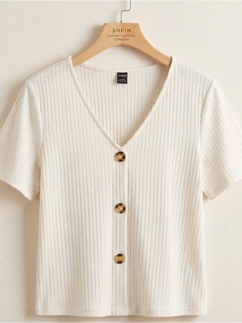 SHEIN Cream Ribbed V-Neck Button Front Top with Tortoise Buttons